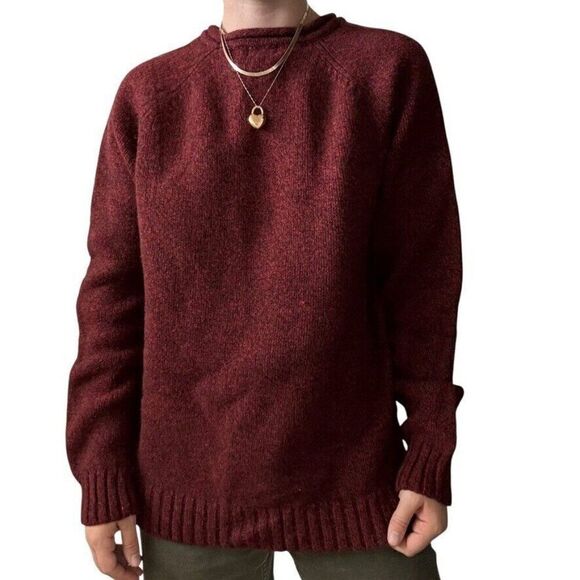 LL Bean Mens Red 100% Lambswool Marled Crewneck Warm Fisherman Sweater Sz M Tall - Picture 1 of 6